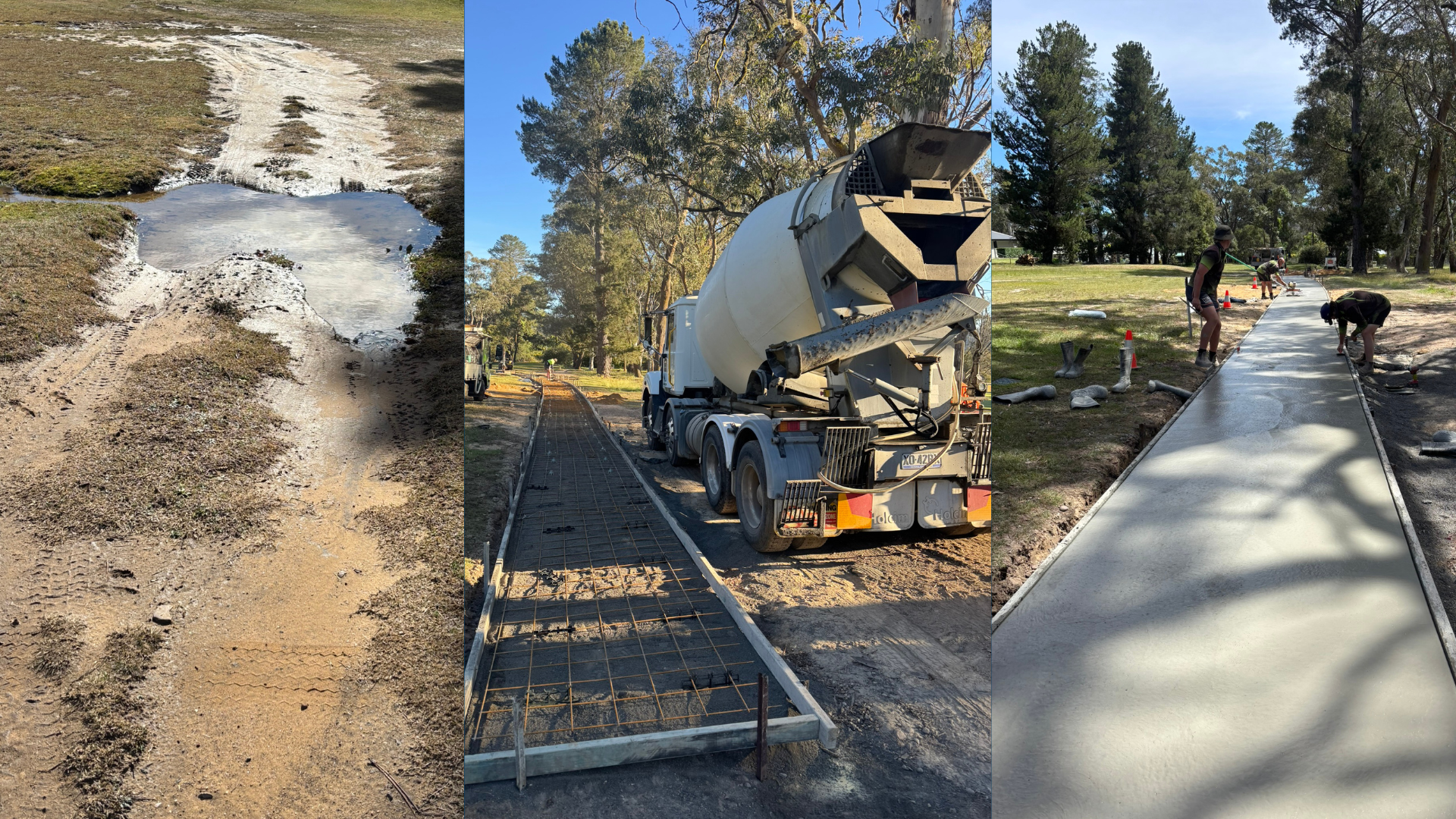 A before, during and after of the new cart path at Lithgow Golf Club.